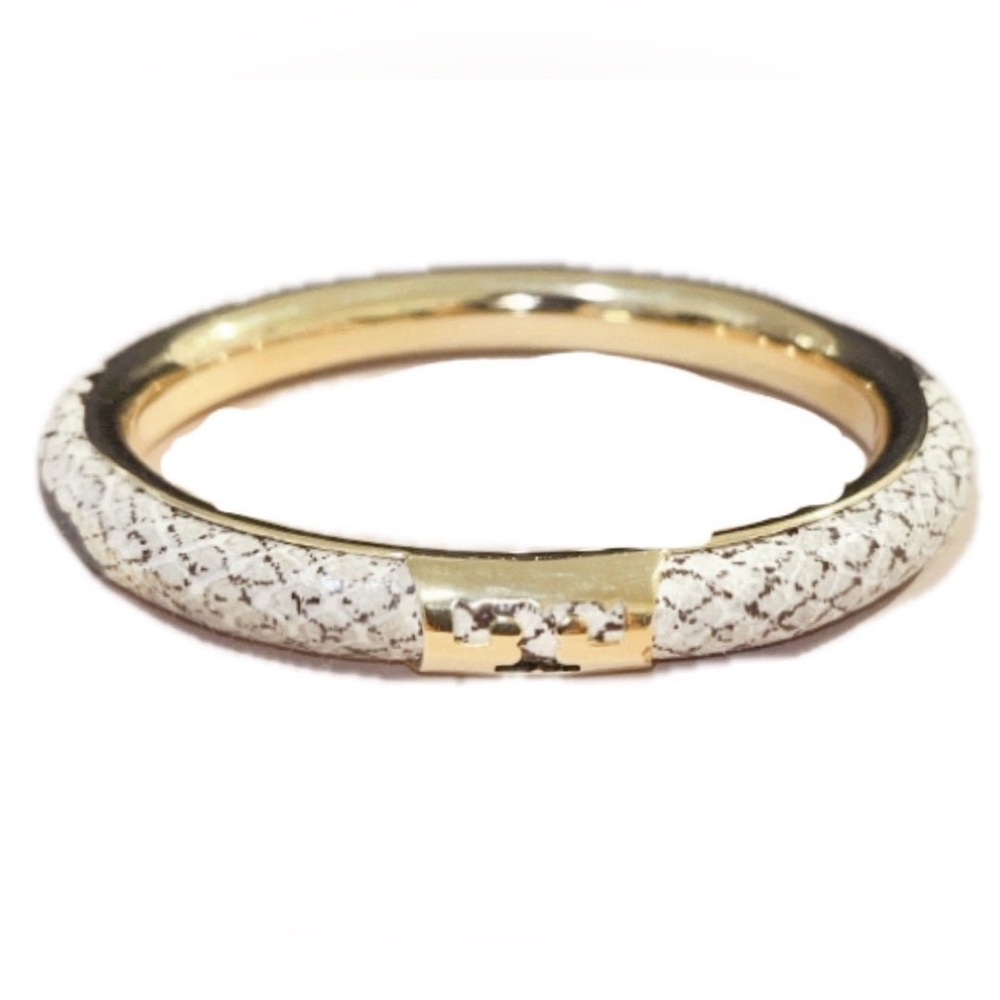 Tory Burch Leather Snakeskin Gold Logo Oval Bangle Bracelet